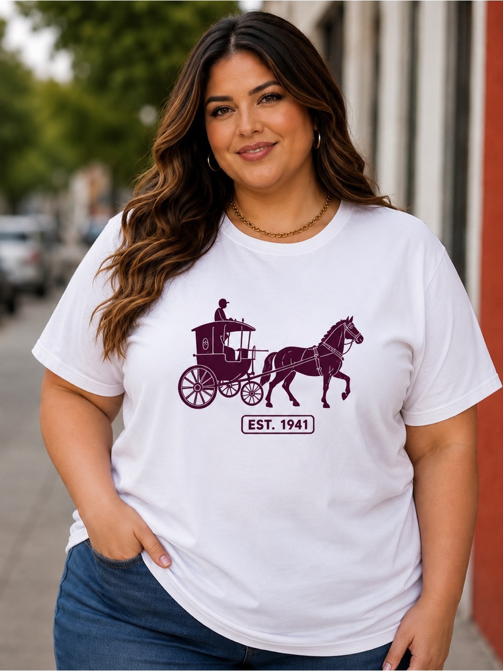 Horse & Carriage EST. 1941 White and Burgundy Graphic Tee - Women’s XL NWOT